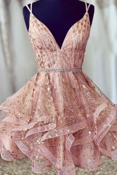 Pink Straps Short Homecoming Dresses Waist With Beaded