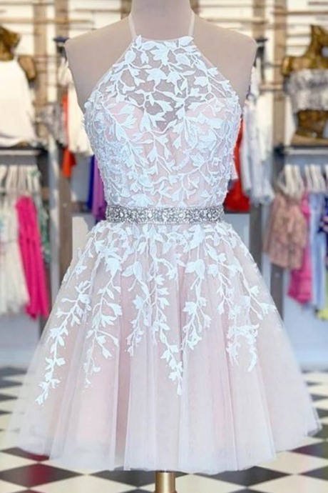 Cute A Line Halter Pink Homecoming Dress With Appliques