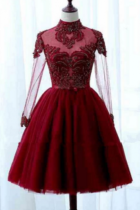 Red Tulle High Collar Short Homecoming Dresses,long Sleeve Lace Homecoming Dresses,appliques Evening Dresses