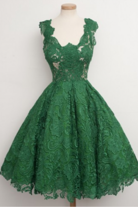 Vintage Scoop Homecoming Dress,green Lace Homecoming Dress,knee-length Homecoming Dresses