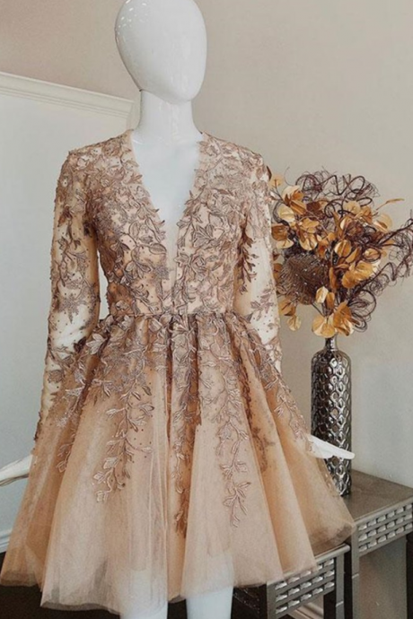 Champagne V Neck Long Sleeves Lace Short Prom Dresses, Long Sleeves Champagne Lace Homecoming Dresses, Champagne Lace Formal Graduation Evening