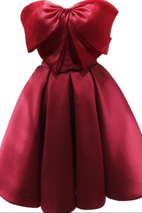 Red Satin And Organza Bow Short Cute Party Dress, Handmade Formal Dress