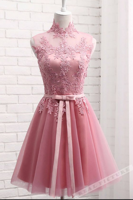 Pink High Neckline Lace Applique Homecoming Dresses, Cute Sweet 16 Formal Dresses, Knee Length Prom Dresses