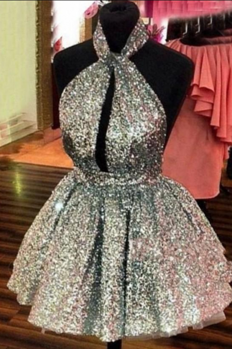 Silver Sequins Homecoming Dresses Halter Plunging V Neck Sexy Backless Short Mini Ruched Pleats 2020 Cocktail Party Formal Evening Gowns