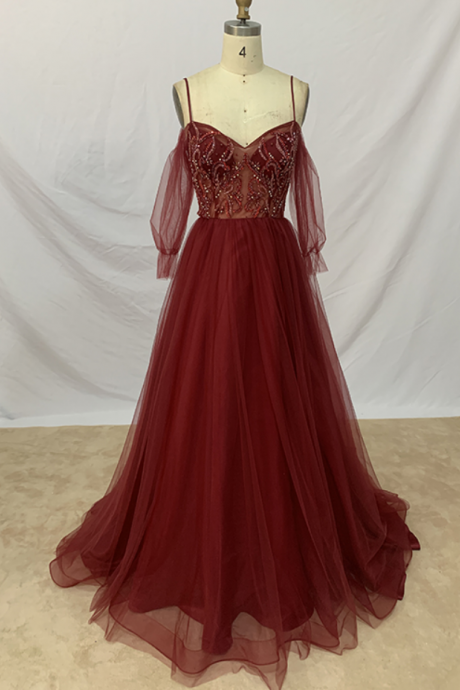 Prom Dresses, v neck spaghetti strap beaded evening dress elegant prom dresses