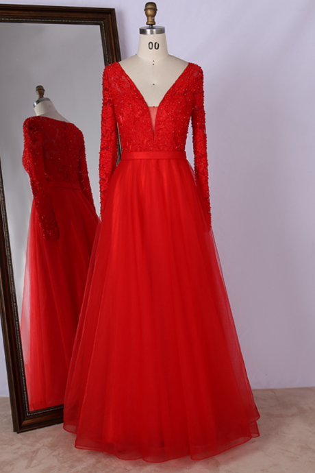 Prom Dresses,Hot selling v neck handmade embroidery elegant long sleeved evening dresses