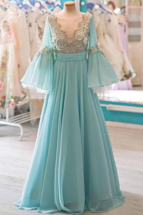 Prom Dresses,chiffon Long Prom Dresses With Flare Sleeves