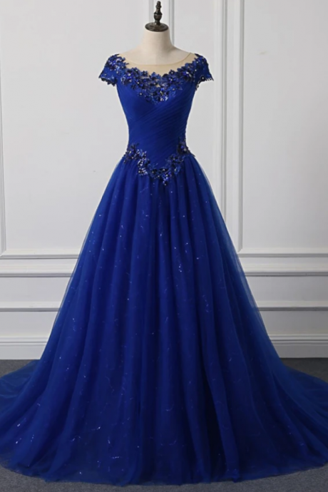 Prom Dresses,Tulle Cap Sleeve Floor Length Formal Prom Dress With Applique
