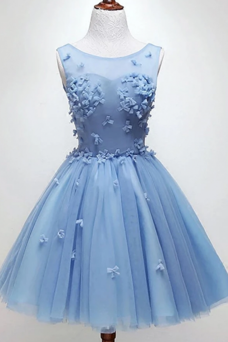 Homecoming Dresses,tulle Round Neck Short A Line Prom Dress, Bridesmaid Dress With Applique