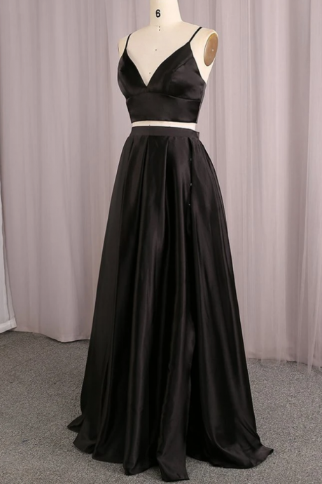 Prom Dresses,simple Black Satin Two Pieces Long Prom Dress Evening Dress