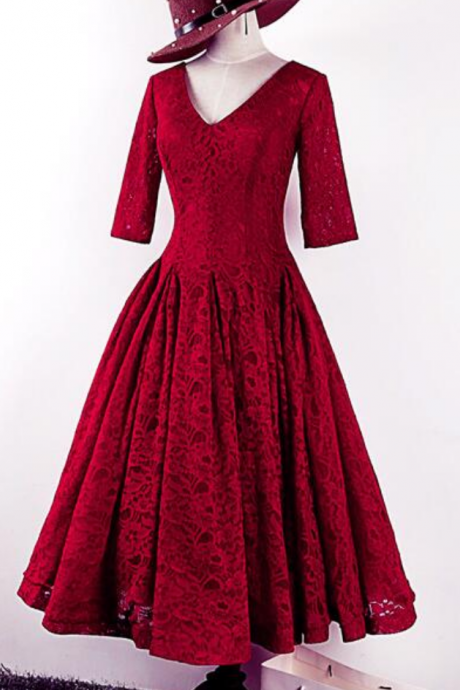 Homecoming Dresses,high Quality Burgundy Lace Wedding Party Dress, Tea Length Prom Dress