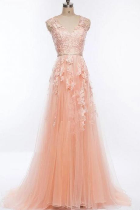 Prom Dresses,Lace Applique Round Neckline Prom Dress, A-line Formal Dress