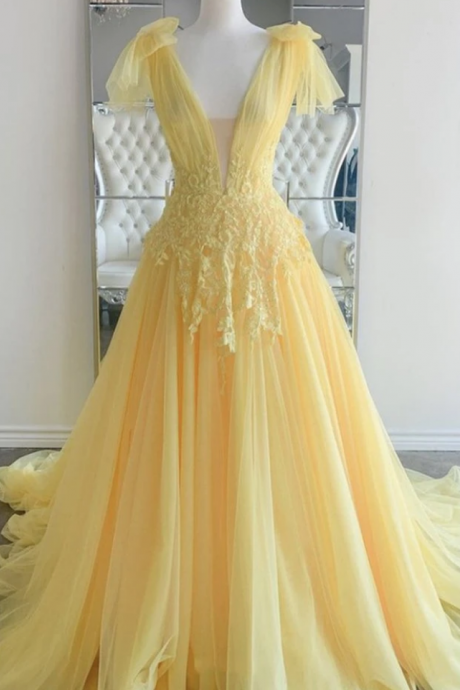 Prom Dresses,elegant V Neck And V Back Yellow Lace Long Prom Dresses, Yellow Lace Formal Graduation Evening Dresses