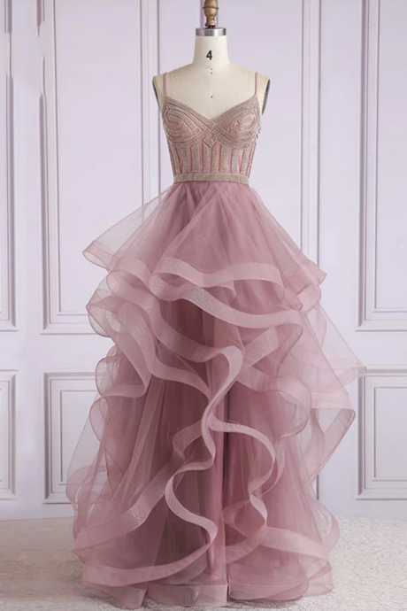 Prom Dresses,A line tulle beads long prom dress formal dress