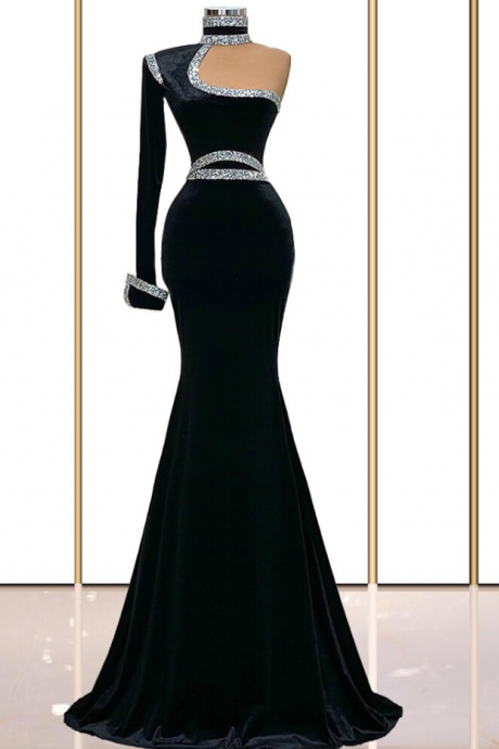 Prom Dresses,Tall Collar Single Sleeve Mermaid Evening Dress Black Velvet Prom Dress Cocktail Dress 