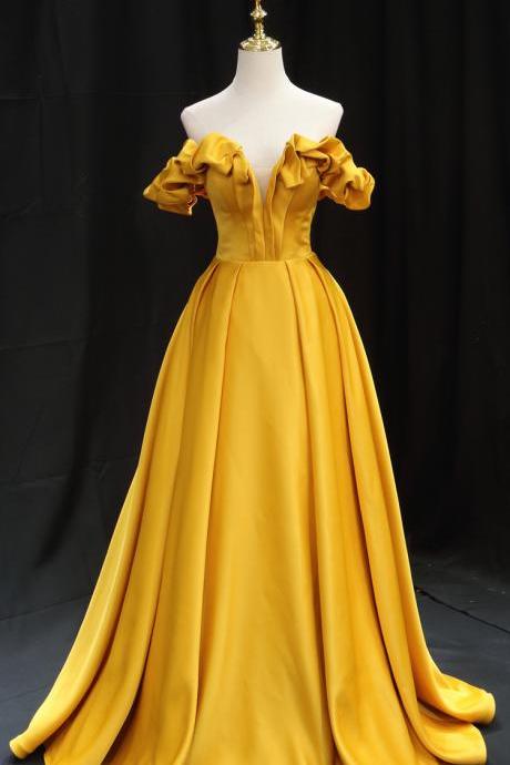 Off the Shoulder Yellow Prom Dress Simple Satin 2023 Formal Party Gowns Long Vestido De Formatura Special Occasion Evening Prom