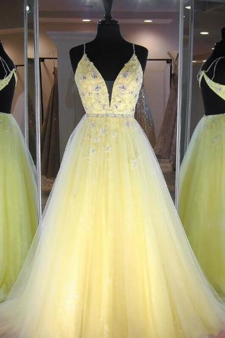 Sexy V Neck Long Baby Yellow Beaded Prom Dresses Open Back Tulle Elegant Evening Dress for Women