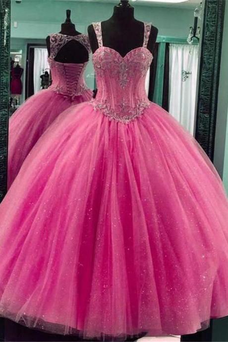 Princess Pink Beaded Quinceanera Dresses Ball Gown Puffy Sweet 15 Year Girls Birthday Party Dress