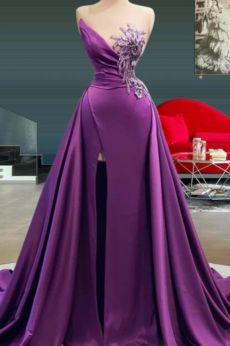 Elegant Purple Long Women Prom Dresses Split Side Sexy Sheer Neck Formal Evening Dress