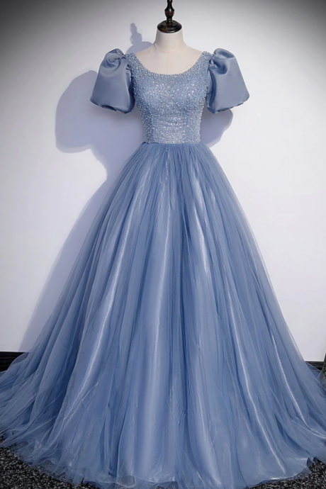 Prom Dresses, Round Neck Tulle Sequin Beads Long Prom Dress, Evening Dress