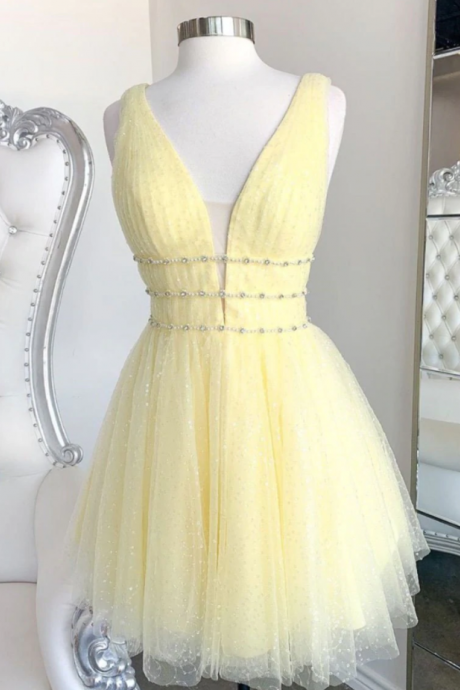 Homecoming Dresses,cute V Neck Tulle Beads Short Prom Dress Homecoming Dress