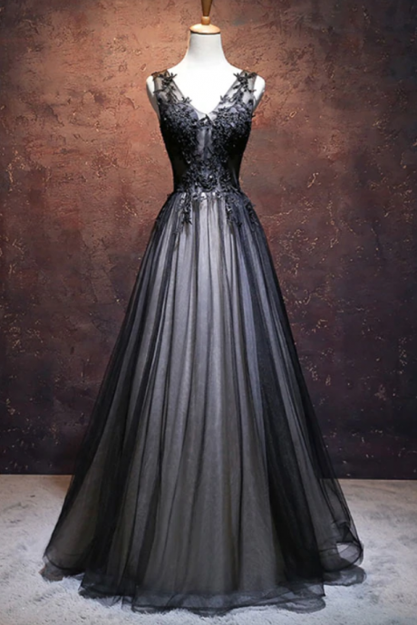 Prom Dresses, V Neck Tulle Lace Applique Long Prom Dress, Evening Dress