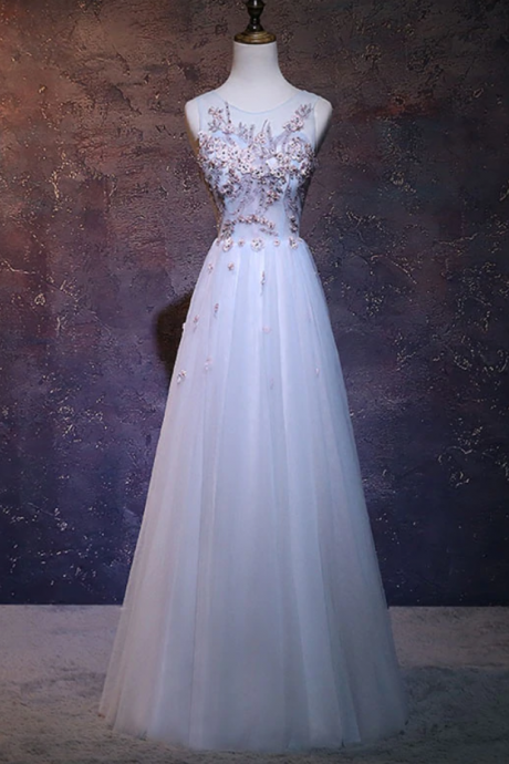 Prom Dresses,A-line tulle lace applique long prom dress, bridesmaid dress
