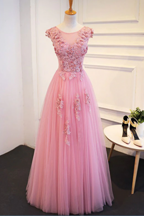 Prom Dresses, Neck Lace Tulle Long Prom Dress, Evening Dress