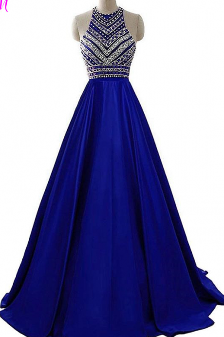 Royal Blue Crystals Prom Dresses 2022 A-line Sleeveless Party Dress With Pockets O-neck Beaded Satin Long Formal Evening Gowns