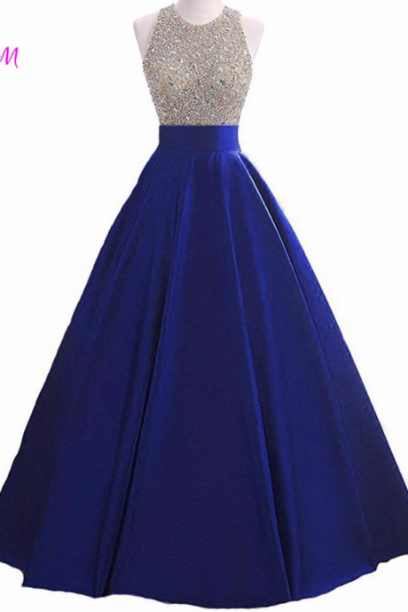Crystals Beaded Long Prom Dresses O-neck Royal Blue Satin Evening Party Gowns Sleeveless A-line Open Back Prom Dress