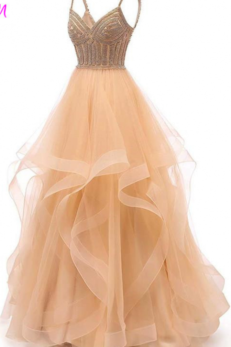 Tulle Crystal Beaded Long Prom Dresses Tiered Formal Evening Dress Spaghetti Straps Sweetheart Ball Gown Princess Party Gowns