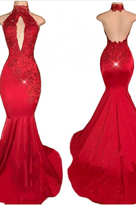 Sexy Halter Mermaid Prom Dresses Long Lace Appliques Evening Formal Dress African Black Girls Backless Prom Party Gowns