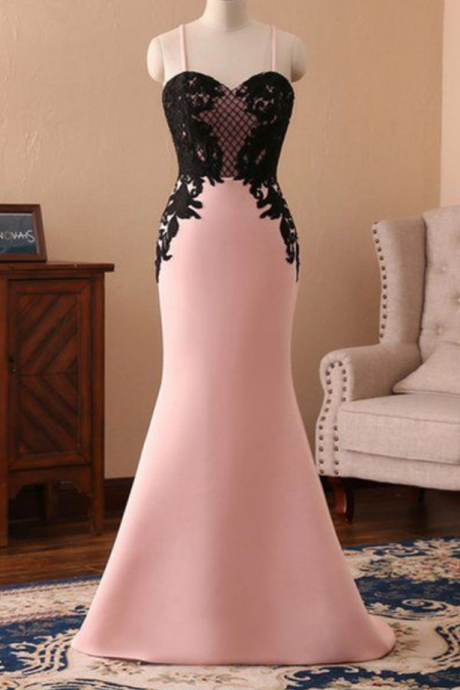 Prom Dresses,sweetheart Satin Long Spaghetti Straps Mermaid Black Lace Prom Dress