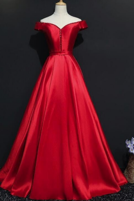 Prom Dresses,satin Style Off Shoulder With Beaded Long Formal Dress,party Gowns, Prom Dress