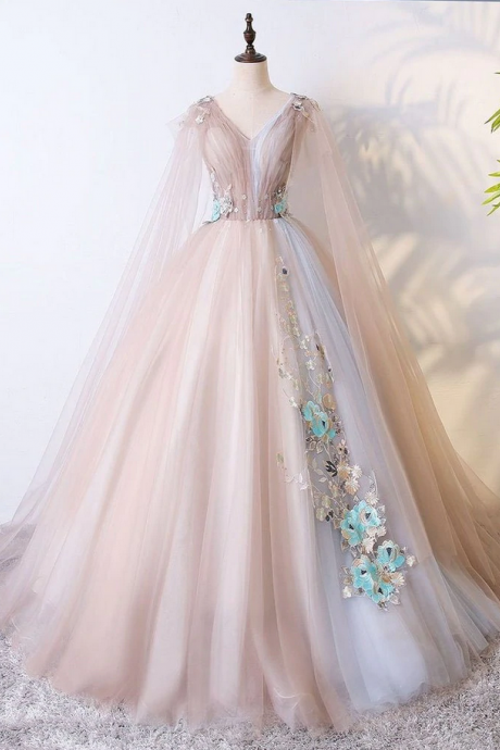 Prom Dresses,v Neck Tulle Prom Dress With Appliques, Unique Floor Length Quinceanera Dresses