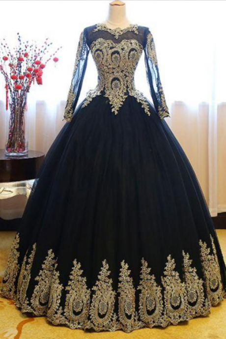 Prom Dresses,long Sleeves Party Dress, Princess Tulle Prom Dress With Lace Appliques