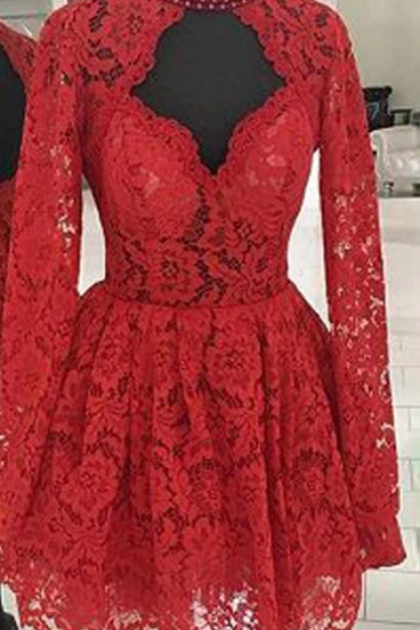 Lace Red Chic Long-sleeves Homecoming Dressess, A-line Homecoming Dressess