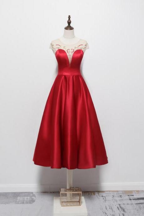 Red Satin Tea Length Round Neckline Beaded Party Dress, Red Short Prom Dress Homecoming Dress