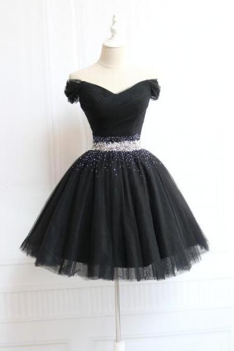 Cute Black Short Tulle Sweetheart Party Dress, Black Homecoming Dresses