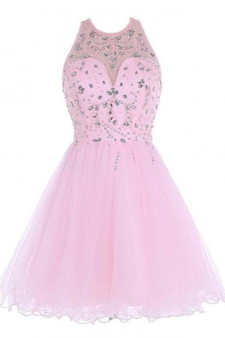 Crystal Beaded Tulle Open Back Homecoming Dress