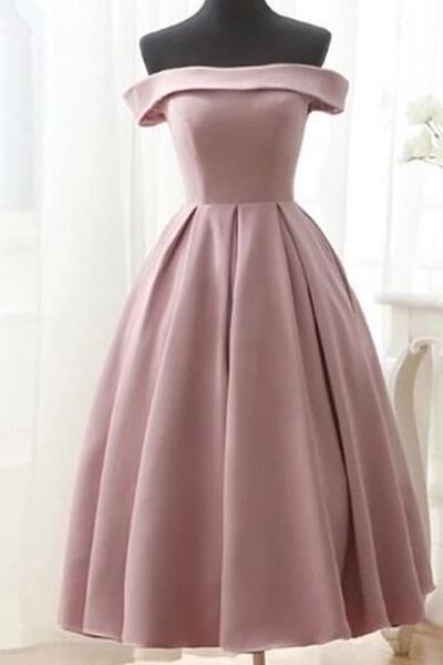 Dark Pink Tea Length Off Shoulder Satin Party Dress, Wedding Party Dress, Woman Formal Dress