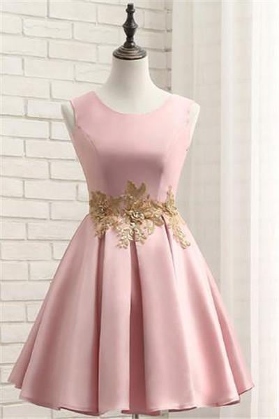 Pink Short Satin Homecoming Dress With Gold Applique, Short Prom Dresses, Lovely Formal Dresses