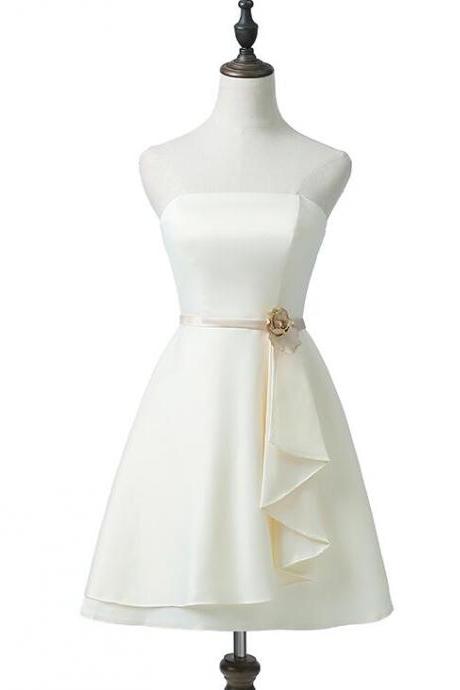 Cute Satin Short Simple A-line Sleeveless Strapless Party Dresses, Handwork Flower Banquet Formal Dresses