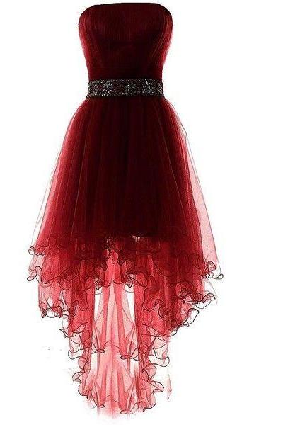 Wine Red Tulle Sleeveless Homecoming Dresses, Asymmetry Prom Dresses, High Low Beaded Formal Dresses