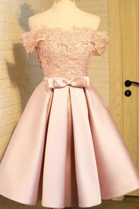 Lovely Light Pink Off Shoulder Satin And Lace Applique Homecoming Dresses, Homecoming Dresses, Short Party Dresses