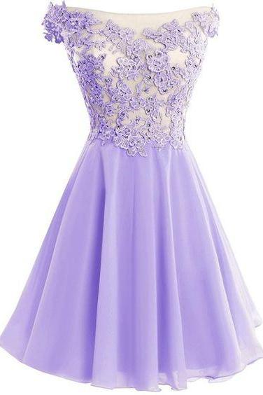 Cute Lavender Lace And Chiffon Short Party Dresses, Purple Homecoming Dresses, Off Shoulder Formal Dresses