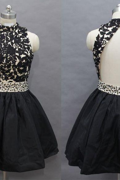 Black Lace Applique Knee Length Homecoming Dresses With Beadings, Homecoming Dresses, Graduation Dresses
