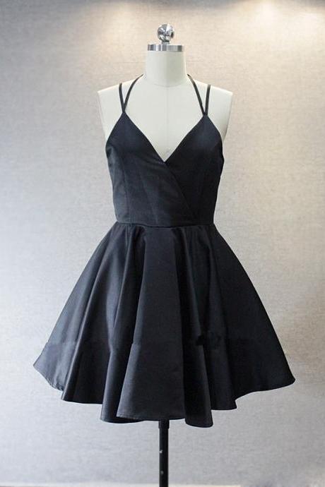 Fashion Black Short V-neckline Satin Halter Formal Dresses, Little Black Dresses, Homecoming Dresses, Short Prom Dresses