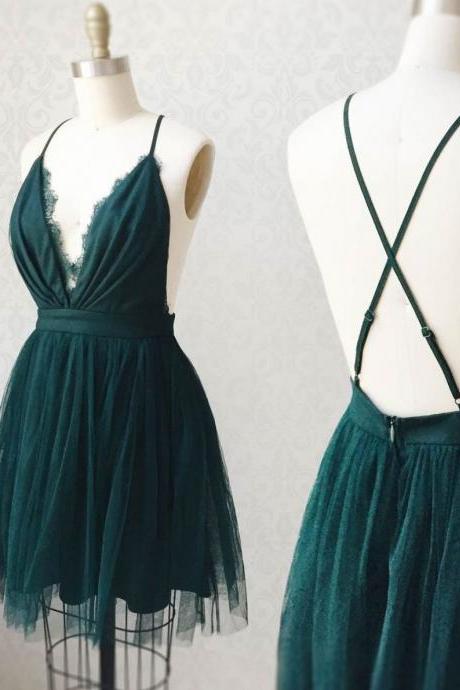 Green Tulle Lace Short Prom Dress, Green Tulle Lace Homecoming Dress