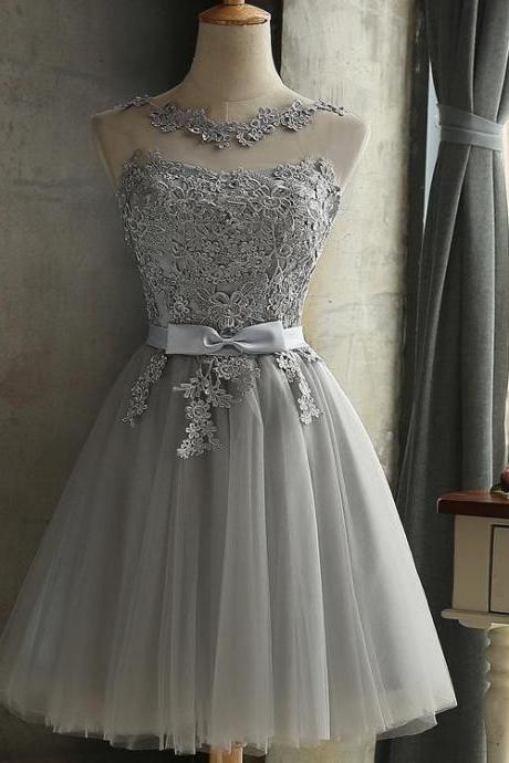 GRAY LACE SHORT A LINE PROM DRESS, HOMECOMING DRESS